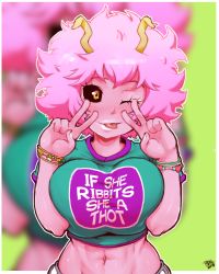 Rule 34 | 10s, 1girl, 2018, :p, ;p, abs, ashido mina, bad id, bad pixiv id, big hair, black sclera, blurry, blurry background, boku no hero academia, border, bracelet, breasts, breasts squeezed together, clothes writing, colored sclera, colored skin, crop top, double v, english text, eyeliner, green background, green shirt, hands up, head tilt, highres, horns, jewelry, large breasts, lipstick, looking at viewer, makeup, meme, midriff, nail polish, navel, one eye closed, orange eyes, outline, outside border, pink hair, pink skin, randomboobguy, shirt, short hair, short sleeves, shorts, signature, smile, solo, stomach, t-shirt, taut clothes, taut shirt, tongue, tongue out, upper body, v, white border, white lips, white nails, white outline, white shorts, yellow eyes, zoom layer