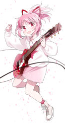 Rule 34 | 1girl, absurdres, alternate costume, alternate hairstyle, ayumaru (art of life), beige footwear, blurry, cable, depth of field, dot nose, electric guitar, eyes visible through hair, female focus, flat chest, full body, glitch, guitar, hair ribbon, hand up, happy, highres, holding, holding instrument, holding plectrum, hood, hood down, hoodie, instrument, kaname madoka, light blush, long sleeves, looking at viewer, mahou shoujo madoka magica, mahou shoujo madoka magica (anime), open mouth, pink eyes, pink hair, pink skirt, pink socks, pink theme, plectrum, ponytail, puffy long sleeves, puffy sleeves, red ribbon, ribbon, shoes, simple background, skirt, smile, sneakers, socks, solo, sparkle, tareme, white background, white hoodie