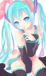 Rule 34 | 1girl, animal ears, aqua eyes, aqua hair, rabbit ears, condom, cum, detached sleeves, gumo, hatsune miku, heart, heart-shaped pupils, highres, licking, long hair, multicolored hair, necktie, nude, sitting, solo, symbol-shaped pupils, thighhighs, twintails, used condom, very long hair, vocaloid, wariza