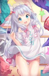 Rule 34 | 10s, 1girl, :d, adrenaline!!!, ahoge, arm up, artist name, blue eyes, blush, bow, bow panties, character name, cheering, clothes writing, copyright name, cowboy shot, eromanga sensei, eyebrows, female focus, folded clothes, gluteal fold, grey hair, hair bow, highres, hitsukuya, indoors, izumi sagiri, laundry, long hair, looking at viewer, low-tied long hair, off shoulder, open mouth, panties, pink bow, pink panties, shirt, short sleeves, side-tie panties, signature, smile, solo, star (symbol), striped clothes, striped panties, tareme, teeth, thighs, underwear, unworn panties, upper teeth only, washing machine, white shirt