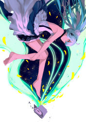 Rule 34 | 1girl, aqua eyes, aqua hair, backless dress, backless outfit, bad id, bad pixiv id, bare legs, bare shoulders, barefoot, cd case, closed mouth, dress, floating hair, from side, hatsune miku, light smile, long hair, petals, solo, vocaloid, white dress, zen33n
