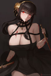 Rule 34 | 1girl, bare shoulders, black background, black dress, black gloves, black hair, blood, blood on arm, blood on breasts, blood on face, bloody weapon, breasts, cleavage, closed mouth, commentary, covered navel, dagger, dress, dual wielding, english commentary, flower, gloves, gold hairband, gradient background, hair flower, hair ornament, hairband, head tilt, highres, holding, holding dagger, holding knife, holding weapon, knife, large breasts, long hair, lsls, off-shoulder dress, off shoulder, patreon username, red eyes, red lips, reverse grip, rose, sidelocks, solo, spikes, spy x family, taut clothes, taut dress, watermark, weapon, web address, yor briar