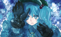 Rule 34 | 1girl, blue eyes, blue hair, coat, female focus, from above, gloves, hair bobbles, hair ornament, hat, kawashiro nitori, key, matching hair/eyes, solo, touhou, twintails, two side up, underwater, water, yamineko