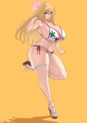Rule 34 | 1girl, alternate breast size, alternate costume, aster crowley, bare shoulders, bikini, blonde hair, blue archive, blush, breasts, brown eyes, cleavage, collarbone, full body, halo, high heels, highres, huge breasts, long hair, looking at viewer, navel, official alternate costume, print bikini, shokuhou misaki, sideboob, smile, solo, sparkling eyes, star (symbol), star print, swimsuit, symbol-shaped pupils, thick thighs, thigh strap, thighs, toaru kagaku no railgun, toaru majutsu no index, toaru majutsu no index: imaginary fest, white bikini, yellow background