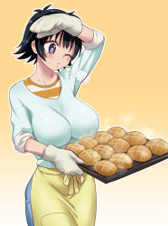 Rule 34 | 00s, 1girl, aoi chiharu, apron, beyblade, beyblade: burst, black hair, bread, breasts, cowboy shot, food, gradient background, large breasts, mature female, mittens, one eye closed, purple eyes, short hair, simple background, solo, standing, tray, waist apron, wanao, wiping sweat, yellow apron