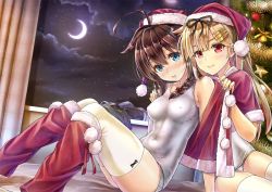 Rule 34 | 10s, 2girls, ahoge, alternate costume, bauble, bell, black bow, blonde hair, blush, bow, bow legwear, braid, brown hair, capelet, christmas ornaments, christmas tree, cloud, cloudy sky, covered erect nipples, covered navel, crescent moon, curtains, dressing, dutch angle, full-face blush, fur trim, hair between eyes, hair flaps, hair ornament, hair ribbon, hairclip, hat, kantai collection, knees together feet apart, knees up, koyuki (kotatsu358), light smile, long hair, looking at viewer, moon, multiple girls, night, night sky, one-piece swimsuit, parted lips, red ribbon, ribbon, santa hat, school swimsuit, shigure (kancolle), single braid, sitting, sky, star (symbol), swimsuit, teeth, thighhighs, thighs, tress ribbon, white legwear, white one-piece swimsuit, yuudachi (kancolle)