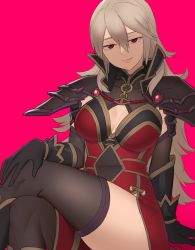 Rule 34 | 1girl, absurdres, alternate costume, armor, black gloves, black sleeves, black thighhighs, breasts, cleavage cutout, closed mouth, clothing cutout, commentary, crossed legs, detached sleeves, dress, ebinku, english commentary, fire emblem, fire emblem echoes: shadows of valentia, fire emblem heroes, gloves, grey hair, hair between eyes, highres, large breasts, lips, long hair, looking at viewer, nintendo, pink background, red dress, red eyes, shoulder armor, simple background, sitting, smile, solo, thighhighs, thighs, thrasir (fire emblem), very long hair