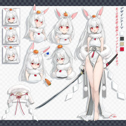 Rule 34 | 1girl, :d, absurdres, ahoge, animal ear fluff, animal ears, arms behind back, bare shoulders, carrot, checkered background, china dress, chinese clothes, closed mouth, color guide, commentary request, dress, food, food on face, fruit, fur collar, grey hair, highres, holding, holding sheath, holding sword, holding weapon, katana, long hair, looking at viewer, mandarin orange, multiple views, open mouth, original, osisio, pelvic curtain, rabbit ears, red eyes, sheath, shide, sleeveless, sleeveless dress, smile, spoken squiggle, squiggle, sword, thick eyebrows, translation request, unsheathed, very long hair, weapon, white dress