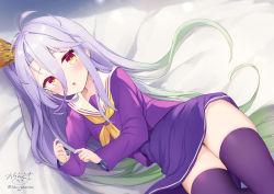 Rule 34 | 1girl, bed sheet, commentary request, crown, feet out of frame, gradient hair, green hair, hair between eyes, highres, long hair, long sleeves, looking at viewer, mini crown, multicolored hair, neckerchief, no game no life, ochinsama, purple hair, purple serafuku, purple shirt, purple skirt, purple thighhighs, red eyes, sailor collar, school uniform, serafuku, shiro (no game no life), shirt, signature, skirt, solo, thighhighs, tilted headwear, twitter username, very long hair, white sailor collar, yellow neckerchief
