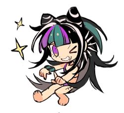 1girl ;d bikini black_hair black_nails chengangtie chibi danganronpa_(series) danganronpa_2:_goodbye_despair full_body green_hair grey_hair grin long_hair mioda_ibuki mouth_piercing nail_polish one_eye_closed open_mouth pink_bikini pink_eyes pink_hair scar scar_on_leg simple_background smile solo sparkle swimsuit teeth white_background