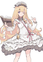 Rule 34 | 1girl, absurdres, blonde hair, book, cagliostro (granblue fantasy), closed mouth, commentary, detached sleeves, dress, english commentary, feet out of frame, flower, frown, granblue fantasy, hair flower, hair ornament, hairband, highres, holding, holding book, index finger raised, layered dress, long hair, looking at viewer, lyrinne, one eye closed, open book, purple eyes, simple background, sleeveless, sleeveless dress, solo, white background, white dress