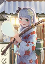 Rule 34 | 1girl, absurdres, back bow, backlighting, banner, black hairband, blush, bow, building, commentary request, cowboy shot, floral print, flower, fur collar, goback, green bow, green eyes, greyscale, hair flower, hair ornament, hairband, highres, holding, holding sword, holding weapon, japanese clothes, kimono, konpaku youmu, konpaku youmu (ghost), long sleeves, looking at viewer, monochrome, outdoors, print kimono, rose, sheath, short hair, snowing, solo, sword, tassel, teeth, touhou, upper teeth only, weapon, white flower, white kimono, white rose, wide sleeves, winter
