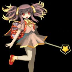 Rule 34 | 1girl, backpack, bag, black background, brown dress, brown hair, dress, open mouth, pixel art, red eyes, twintails, wand, yomitim