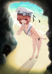 Rule 34 | 10s, 1girl, ass, beach, beret, bikini, bow, breasts, butt crack, clothes writing, day, finger to mouth, full body, hat, highres, index finger raised, kamome donburi, kantai collection, red eyes, red hair, sailor collar, sand, sandals, short hair, small breasts, solo, standing, striped, striped bow, swimsuit, white bikini, white hat, z3 max schultz (kancolle)