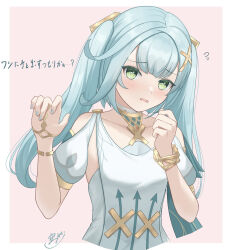 Rule 34 | 1girl, aqua hair, armpit cutout, bare shoulders, clothing cutout, commentary request, dress, faruzan (genshin impact), genshin impact, green eyes, hair ornament, hands up, highres, long hair, looking at viewer, open mouth, puffy short sleeves, puffy sleeves, short sleeves, shoulder cutout, sola num 5130, solo, translation request, twintails, upper body, very long hair, white dress, x hair ornament