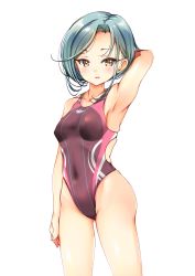 Rule 34 | 1girl, absurdres, breasts, competition swimsuit, cowboy shot, grey hair, highres, kantai collection, looking at viewer, mole, mole on neck, one-piece swimsuit, pink one-piece swimsuit, short hair, simple background, small breasts, smile, solo, swimsuit, tamanami (kancolle), white background, yashin (yasinz), yellow eyes