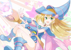 Rule 34 | 1girl, artist request, bare shoulders, blonde hair, blue footwear, blush, boots, breasts, cleavage, commentary, dark magician girl, duel monster, english commentary, green eyes, hair between eyes, hat, large breasts, long hair, looking at viewer, magic, off shoulder, open mouth, pentacle, signature, skirt, wizard hat, yu-gi-oh!