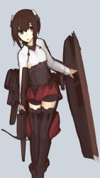 Rule 34 | 10s, 1girl, armpit cutout, bad id, bad tumblr id, brown eyes, brown hair, clothing cutout, corset, grey background, highres, kantai collection, mikoto (oi plus), miniskirt, open mouth, short hair, skirt, solo, taihou (kancolle), thighhighs