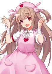 Rule 34 | 1girl, :d, absurdres, brown hair, commentary request, hands up, hat, highres, long hair, looking at viewer, natori sana, nurse cap, open mouth, orihiro0614, sana channel, simple background, smile, solo, two side up, virtual youtuber, white background