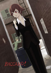 Rule 34 | 00s, 1girl, alley, baccano!, barrel, drum (container), ennis, firo prochainezo, formal, hat, k+, ladder, pant suit, pants, poster (object), red eyes, solo, suit, wanted