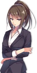 Rule 34 | 1girl, brown eyes, brown hair, business suit, chabashira sae, crossed arms, formal, hair ornament, hairclip, looking at viewer, official art, open mouth, ponytail, solo, suit, tomose shunsaku, transparent background, white background, youkoso jitsuryoku shijou shugi no kyoshitsu, youkoso jitsuryoku shijou shugi no kyoushitsu e