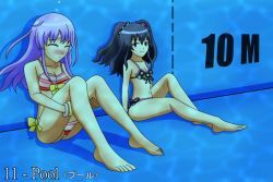 Rule 34 | artist request, bare shoulders, barefoot, belly, bikini, black hair, blush, bracelet, breasts, cleavage, feet, jewelry, knees, long hair, midriff, navel, nepgear, neptune (series), pool, purple hair, red eyes, scrunchy, small breasts, smile, struggling, swimsuit, thighs, toes, tsundere, tsurime, twintails, two side up, underwater, uni (neptunia), uwdennis