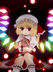 Rule 34 | 1girl, bad id, bad pixiv id, blonde hair, button eyes, buttons, danmaku, doll, embodiment of scarlet devil, female focus, flandre scarlet, glowing, hat, hugging doll, hugging object, ponytail, red eyes, short hair, side ponytail, smile, solo, stuffed animal, stuffed rabbit, stuffed toy, touhou, tsuguha, wings, wrist cuffs