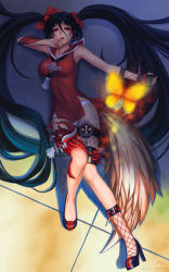 Rule 34 | 10s, 1girl, absurdres, bare hips, black hair, blade &amp; soul, bow, bug, butterfly, china dress, chinese clothes, darkmuleth, dress, finger to mouth, from above, gradient background, hair bow, high heels, highres, insect, long hair, looking at viewer, lying, mole, mole under mouth, no socks, on back, open mouth, panties, red eyes, sailor collar, solo, spikes, tail, twintails, underwear, very long hair, white panties