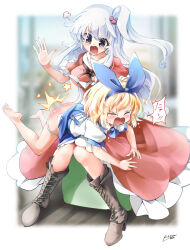 Rule 34 | 2girls, alice margatroid, alice margatroid (pc-98), blonde hair, blue dress, blue hairband, blue ribbon, blush, boots, closed eyes, commentary request, crying, dress, fifiruu, hairband, long hair, multiple girls, over the knee, panties, panty pull, red dress, ribbon, shinki (touhou), short hair, side ponytail, spanked, spanking, touhou, touhou (pc-98), underwear, white hair