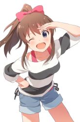 Rule 34 | 1girl, blue eyes, blush, bow, breasts, brown hair, buchi (y0u0ri ), collarbone, cowboy shot, denim, denim shorts, dot nose, hair bow, hair ribbon, hand on own hip, hand up, idolmaster, idolmaster million live!, idolmaster million live! theater days, jacket, large breasts, leaning forward, long sleeves, looking at viewer, multicolored clothes, multicolored jacket, one eye closed, open mouth, pink ribbon, pink shirt, ponytail, ribbon, satake minako, shirt, shorts, sidelocks, simple background, smile, solo, standing, two-tone jacket, white background