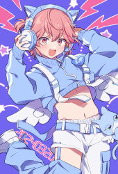 Rule 34 | 1boy, :d, absurdres, animal ear headphones, animal ears, belt, blue background, blue belt, blue jacket, cat ear headphones, commentary request, cropped jacket, dankira!!!, fake animal ears, hair between eyes, hands on headphones, hands up, headphones, heart, highres, hinata mahiru, jacket, lightning bolt symbol, long sleeves, looking at viewer, male focus, nail polish, name tag, open mouth, pants, pink eyes, pink hair, red eyes, riku (melty drop), shoes, short hair, smile, solo, standing, standing on one leg, star (symbol), stuffed animal, stuffed toy, tenshi kaiwai, trap, white footwear, white pants, white wings, wings