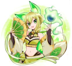 Rule 34 | 1girl, :3, animal ear fluff, animal ears, bell, breasts, bridal gauntlets, brown hair, commentary, crop top, detached sleeves, duel monster, fox ears, fox tail, green eyes, green nails, hair between eyes, hand fan, hands up, highres, holding, holding fan, hu-li the jewel mikanko, medium breasts, multicolored hair, nail polish, navel, open mouth, orb, revision, short hair with long locks, solo, streaked hair, tail, usoco, wide sleeves, yu-gi-oh!