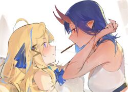 Rule 34 | 2girls, absurdres, adjusting hair, ahoge, aka virtual, amarynn, blonde hair, blue eyes, blue hair, blush, closed mouth, commentary, english commentary, eye contact, food, food in mouth, from side, hair between eyes, hair ornament, tucking hair, highres, horns, light blue hair, long hair, looking at another, lucadark art, multicolored hair, multiple girls, oni, oni horns, original, pocky, pocky in mouth, pointy ears, purple eyes, red eyes, scar, scar on arm, shirt, sports bra, streaked hair, two-tone hair, virtual youtuber, white shirt, white sports bra, yuri