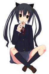 Rule 34 | 1girl, animal ears, bad id, bad pixiv id, black hair, brown eyes, cat ears, cat girl, coop (coupon123), female focus, food, full body, indian style, k-on!, long hair, nakano azusa, neck ribbon, pocky, red ribbon, ribbon, school uniform, simple background, sitting, solo, twintails, white background