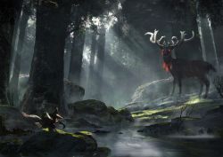Rule 34 | 1girl, absurdres, antlers, commentary request, couldoh, dappled sunlight, deer, foliage, forest, full body, glowing, glowing eyes, hagoromo, hat, highres, horns, japanese clothes, kimono, nature, outdoors, red kimono, rice hat, rock, sakuna-hime, scenery, shawl, sickle, solo, sunlight, tensui no sakuna-hime, tree, water, wide shot