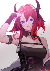 Rule 34 | 1girl, absurdres, arknights, arm up, armband, armpits, bare shoulders, belt, black belt, black dress, breasts, chest belt, cleavage, detached collar, dress, gradient background, grey background, hair between eyes, hair intakes, highres, horns, id card, infection monitor (arknights), long hair, looking at viewer, medium breasts, molianmengdada, parted lips, purple eyes, red hair, short dress, solo, surtr (arknights), upper body, zipper pull tab
