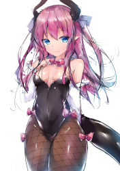 Rule 34 | 10s, 1girl, bare shoulders, black leotard, blue eyes, blush, bow, breasts, brown pantyhose, closed mouth, commentary request, cowboy shot, curled horns, detached sleeves, dragon girl, dragon horns, dragon tail, elizabeth bathory (fate), elizabeth bathory (fate/extra ccc), fate/extra, fate/extra ccc, fate (series), fishnet pantyhose, fishnets, hair between eyes, hand up, highres, horns, leotard, long hair, long sleeves, looking at viewer, nontraditional playboy bunny, pantyhose, pink bow, pink hair, playboy bunny, simple background, sketch, small breasts, smile, solo, strapless, strapless leotard, tail, twiska (doubitian), very long hair, white background