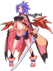Rule 34 | 1girl, bike shorts, blue hair, blush, breasts, cape, katana, large breasts, original, red eyes, rumie, sandals, solo, spandex, sword, tail, toes, weapon, wings