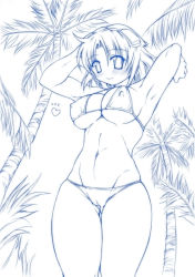 Rule 34 | 1girl, armpits, arms up, artist request, beach, bikini, blue theme, breasts, cameltoe, character request, covered erect nipples, heart, large breasts, monochrome, palm tree, short hair, smile, solo, source request, swimsuit, tree