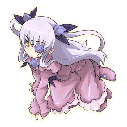 Rule 34 | 00s, 1girl, all fours, barasuishou, dress, eyepatch, lowres, pink dress, rozen maiden, rozen maiden traumend, simple background, solo, two side up, white background