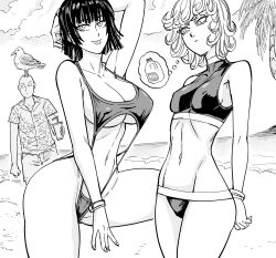 Rule 34 | 1boy, 2girls, absurdres, animal, arm behind head, bald, bb (baalbuddy), beach, bikini, bird, bracelet, breast envy, breasts, cleavage, covered erect nipples, cup, drinking straw, floral print, fubuki (one-punch man), greyscale, highleg, highleg swimsuit, highres, holding, holding cup, jewelry, large breasts, looking at another, medium hair, milk, monochrome, multiple girls, navel, one-punch man, palm tree, print shirt, saitama (one-punch man), seagull, shirt, siblings, sideboob, sisters, slingshot swimsuit, small breasts, smile, stomach, strap gap, swimsuit, tatsumaki, thought bubble, tree, underboob