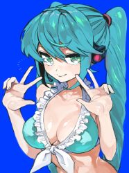 Rule 34 | 1girl, aqua bikini, aqua eyes, aqua hair, bikini, blue background, breasts, cleavage, double v, front-tie top, hatsune miku, headset, large breasts, long hair, looking at another, smile, solo, swimsuit, twintails, upper body, v, vocaloid, watawata young