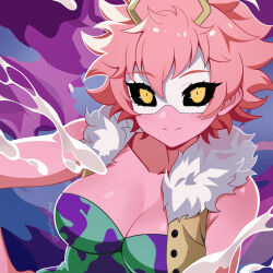Rule 34 | 1girl, absurdres, acid, ashido mina, black sclera, boku no hero academia, breasts, cleavage, closed mouth, colored sclera, colored skin, eye mask, fur trim, highres, horns, kaichu land, looking at viewer, medium breasts, pink hair, pink skin, short hair, solo, spiked hair, upper body, yellow eyes, yellow horns
