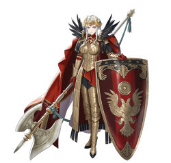 Rule 34 | 1girl, absurdres, armor, armored boots, axe, battle axe, black pantyhose, blue eyes, boobplate, boots, breastplate, cape, closed mouth, commentary, crown, cuboon, edelgard von hresvelg, feather trim, feathers, fire emblem, fire emblem: three houses, fire emblem heroes, full body, gauntlets, hair ornament, highres, holding, holding weapon, lips, looking at viewer, nintendo, official art, pantyhose, red cape, shield, shiny skin, sidelocks, silver hair, simple background, solo, standing, weapon, white background