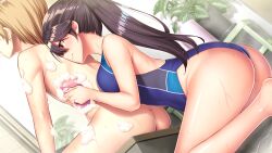 Rule 34 | 1girl, anza tomo, ass, bathroom, blush, boku to sensei no nyuuin seikatsu, breasts, brown hair, clothed female nude male, from below, game cg, high ponytail, indoors, isami moe, kneeling, large breasts, legs, long hair, nude, one-piece swimsuit, orange eyes, original, sitting, smile, soap bubbles, sponge, steam, stool, swimsuit, thighs, washing, washing another, wet