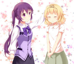 Rule 34 | 2girls, black hairband, black skirt, blonde hair, blunt bangs, blush, bow, bowtie, breasts, buttons, closed eyes, closed mouth, collared shirt, commentary request, cowboy shot, gochuumon wa usagi desu ka?, green skirt, hair between eyes, hairband, headpat, highres, kirima syaro, long hair, long sleeves, looking at another, multicolored background, multiple girls, own hands together, purple eyes, purple hair, purple neckwear, purple vest, rabbit house uniform, shirt, short hair, short sleeves, skirt, small breasts, smile, standing, stick jitb, tedeza rize, twintails, vest, wavy mouth, white shirt, wing collar