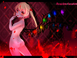 Rule 34 | 1girl, ass, bad id, bad pixiv id, blonde hair, blood, breasts, character name, cleavage, female focus, flandre scarlet, glowing, glowing eyes, hair bobbles, hair ornament, highres, large wings, letterboxed, long hair, looking at viewer, no headwear, no headwear, nude, red eyes, rushka, side ponytail, solo, tongue, touhou, wallpaper, watari (hasumi rina), wings