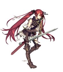 Rule 34 | 1girl, armor, belt, black pantyhose, boots, fire emblem, fire emblem fates, fire emblem heroes, full body, gloves, hair ribbon, highres, injury, knee boots, long hair, mercenary (fire emblem), nintendo, official art, pantyhose, pauldrons, red eyes, red hair, ribbon, ryona, selena (fire emblem fates), sheath, shoulder armor, single pauldron, skirt, solo, sword, torn clothes, torn pantyhose, transparent background, twintails, very long hair, weapon, white skirt, zaza (x-can01)
