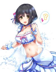 Rule 34 | 1girl, black hair, breasts, commentary request, groin, hair ribbon, highres, idolmaster, idolmaster cinderella girls, jewelry, large breasts, looking at viewer, midriff, navel, necklace, open mouth, paopao, ribbon, sleeveless, solo, stomach, takafuji kako, water, white background, wrist cuffs, yellow eyes