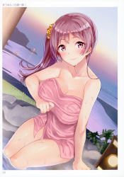 Rule 34 | 1girl, absurdres, artist name, bare arms, bare shoulders, blush, breast hold, breasts, collarbone, dutch angle, evening, floodlights, grass, hair ornament, highres, large breasts, leaf, lips, long hair, looking at viewer, maumen, ocean, onsen, original, page number, partially submerged, purple eyes, purple hair, rock, side ponytail, sitting, smile, solo, tareme, thighs, toranoana, towel, water, wet